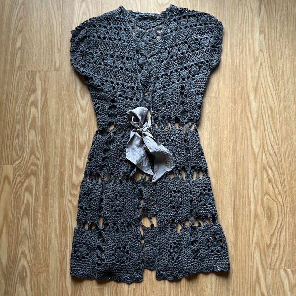VINTAGE Crochet Beaded Cardigan, Charcoal Gray S